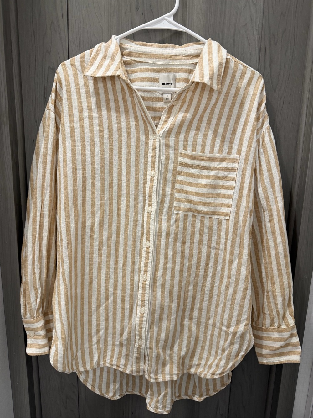 Maeve Cream and Beige Bennet Linen Blend Stripe Button-Down Shirt